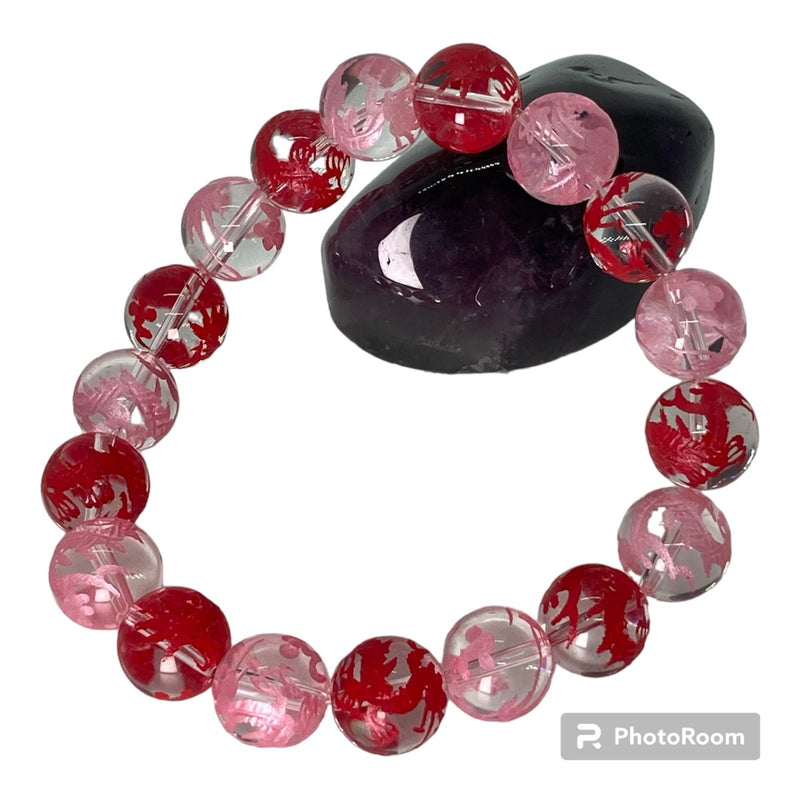 腕輪数珠 本水晶 12㍉丸玉 ドラゴン（竜神）レーザー 御守 　レッド＆ピンク