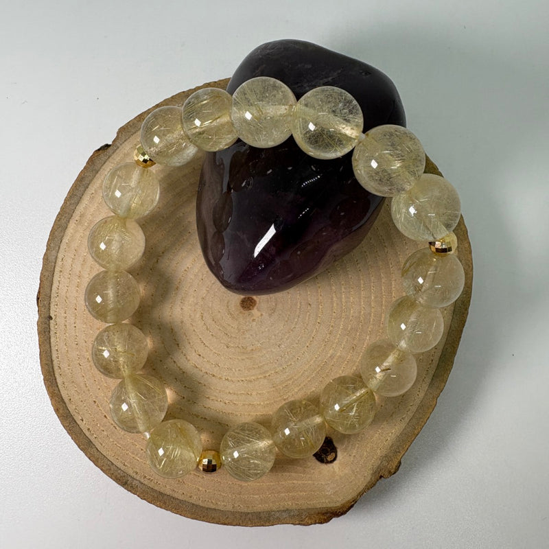 ブレスレット【1点限り】 針水晶 ルチルクォーツ 丸玉11㍉＆18金ミラーボール パワーストーン　Aクラス