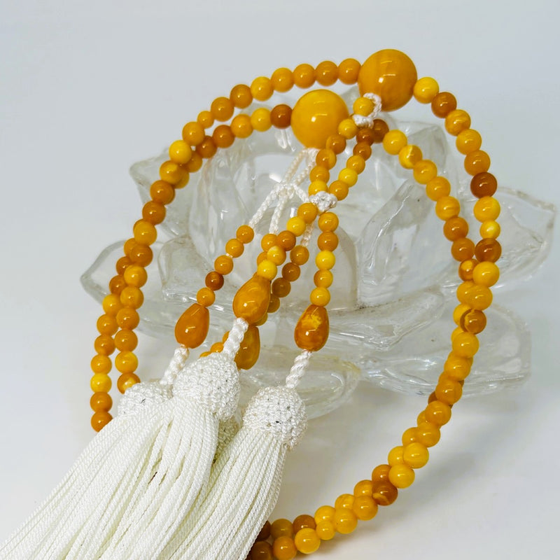 珠数 日蓮宗 蝋琥珀 八寸丸玉 正絹房 白2.5匁 共仕立 桐箱