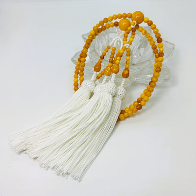 珠数 日蓮宗 蝋琥珀 八寸丸玉 正絹房 白2.5匁 共仕立 桐箱