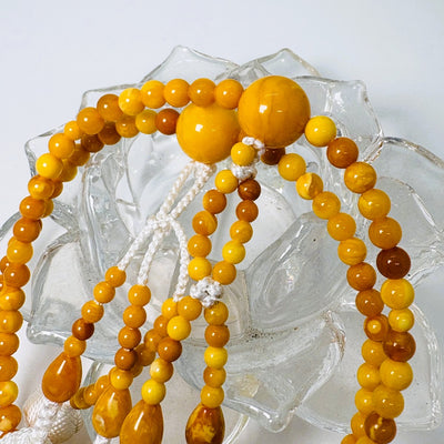 珠数 日蓮宗 蝋琥珀 八寸丸玉 正絹房 白2.5匁 共仕立 桐箱