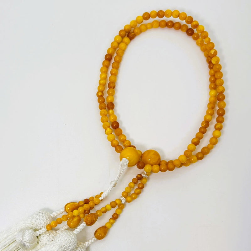 珠数 日蓮宗 蝋琥珀 八寸丸玉 正絹房 白2.5匁 共仕立 桐箱