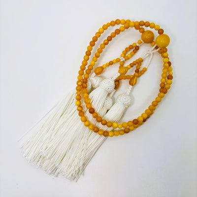 珠数 日蓮宗 蝋琥珀 八寸丸玉 正絹房 白2.5匁 共仕立 桐箱