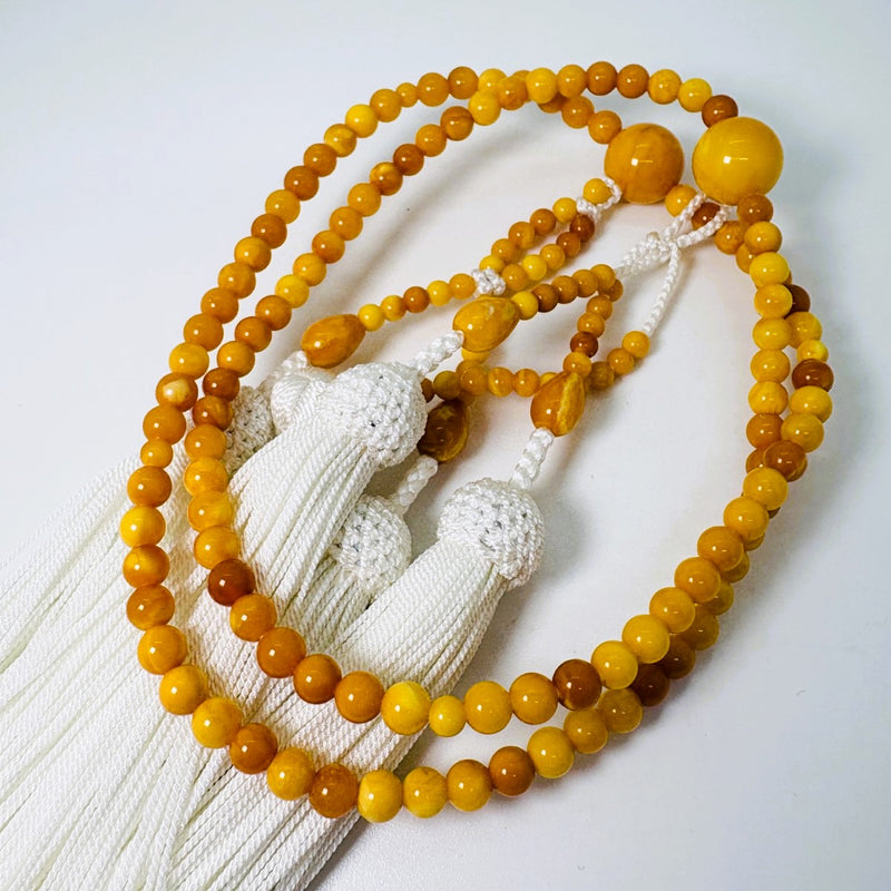 珠数 日蓮宗 蝋琥珀 八寸丸玉 正絹房 白2.5匁 共仕立 桐箱