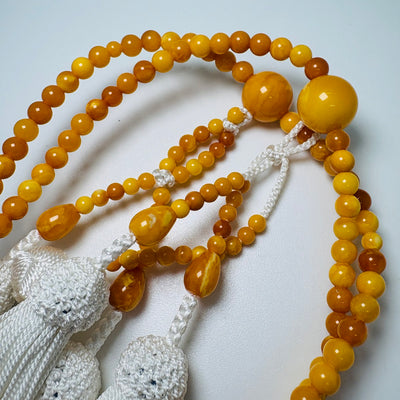 珠数 日蓮宗 蝋琥珀 八寸丸玉 正絹房 白2.5匁 共仕立 桐箱