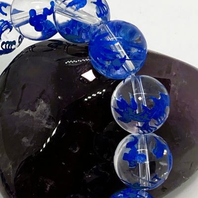 腕輪数珠 本水晶 12㍉丸玉 ドラゴン（竜神）レーザー 御守 　ブルー