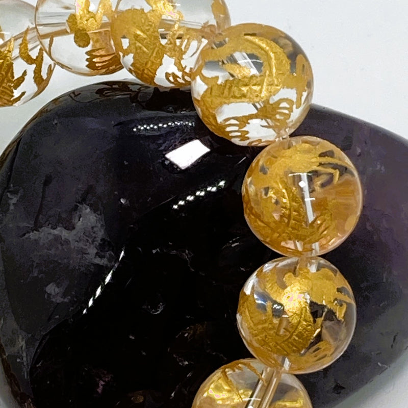 腕輪数珠 本水晶 12㍉丸玉 ドラゴン（竜神）レーザー加工 御守 オールゴールド