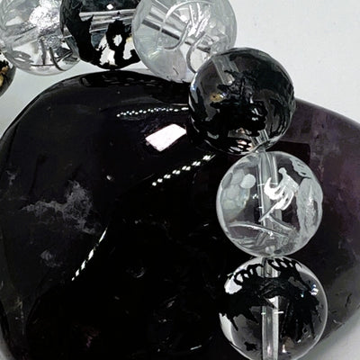 腕輪数珠 本水晶 12㍉丸玉 ドラゴン（竜神）レーザー 御守 　ブラック＆シルバー