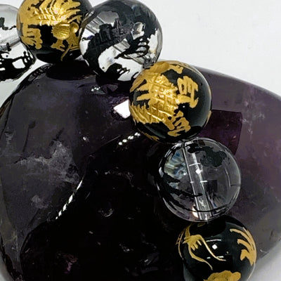 腕輪数珠 本水晶 ＆オニキス12㍉丸玉 ドラゴン（竜神）レーザー 御守　ブラック