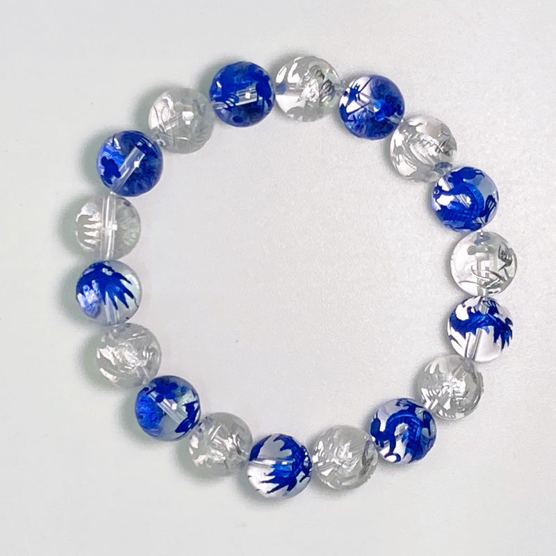 腕輪数珠 本水晶 12㍉丸玉 ドラゴン（竜神）レーザー 御守 　ブルー＆シルバー
