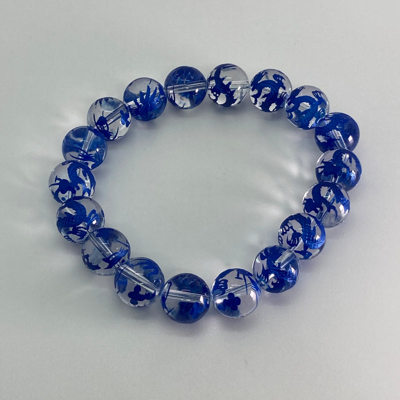 腕輪数珠 本水晶 12㍉丸玉 ドラゴン（竜神）レーザー 御守 　ブルー
