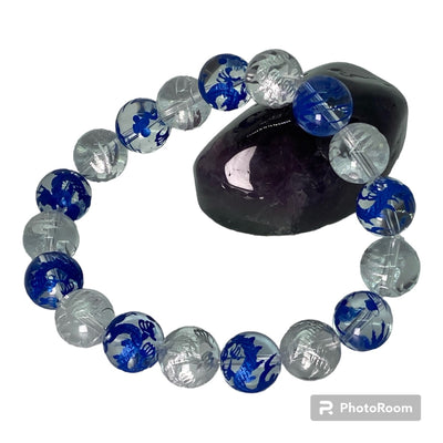 腕輪数珠 本水晶 12㍉丸玉 ドラゴン（竜神）レーザー 御守 　ブルー＆シルバー