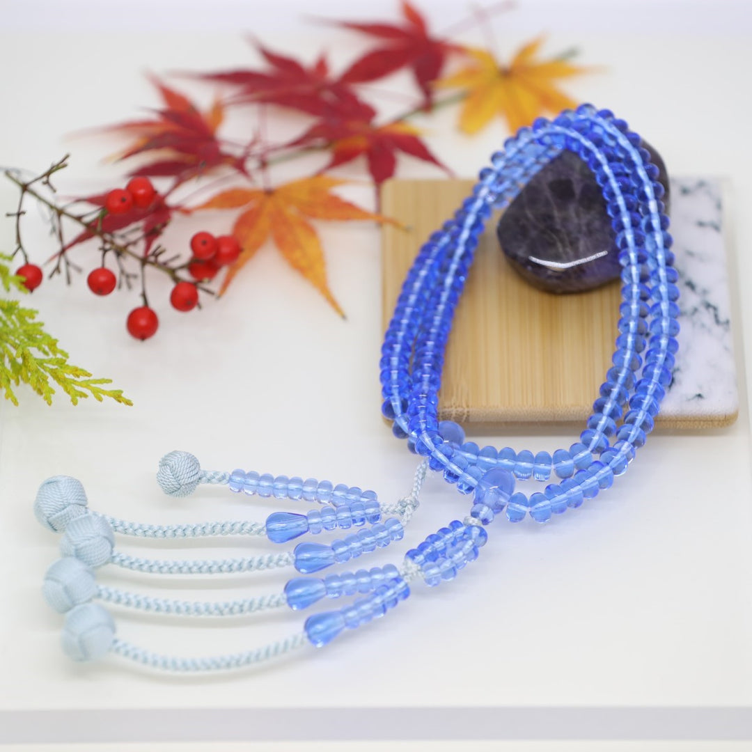 身延山 紫雲堂】 珠数 日蓮宗 ブルークォーツ 八寸平玉 編込房 水青 共