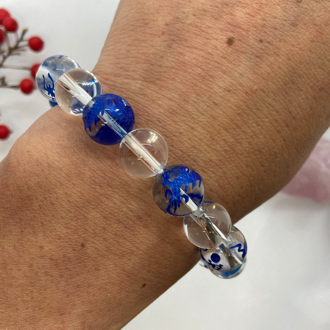 身延山 紫雲堂】 腕輪数珠 本水晶 12㍉丸玉 ドラゴン（竜神）レーザー